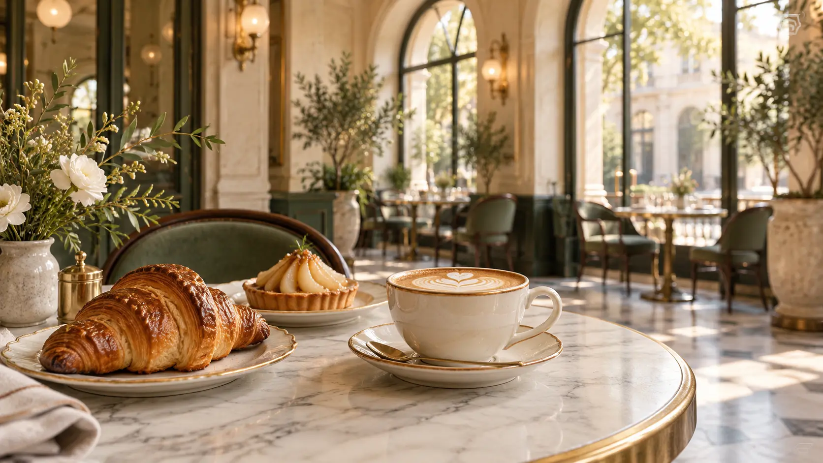 Coffee, pastry and morning light at a café