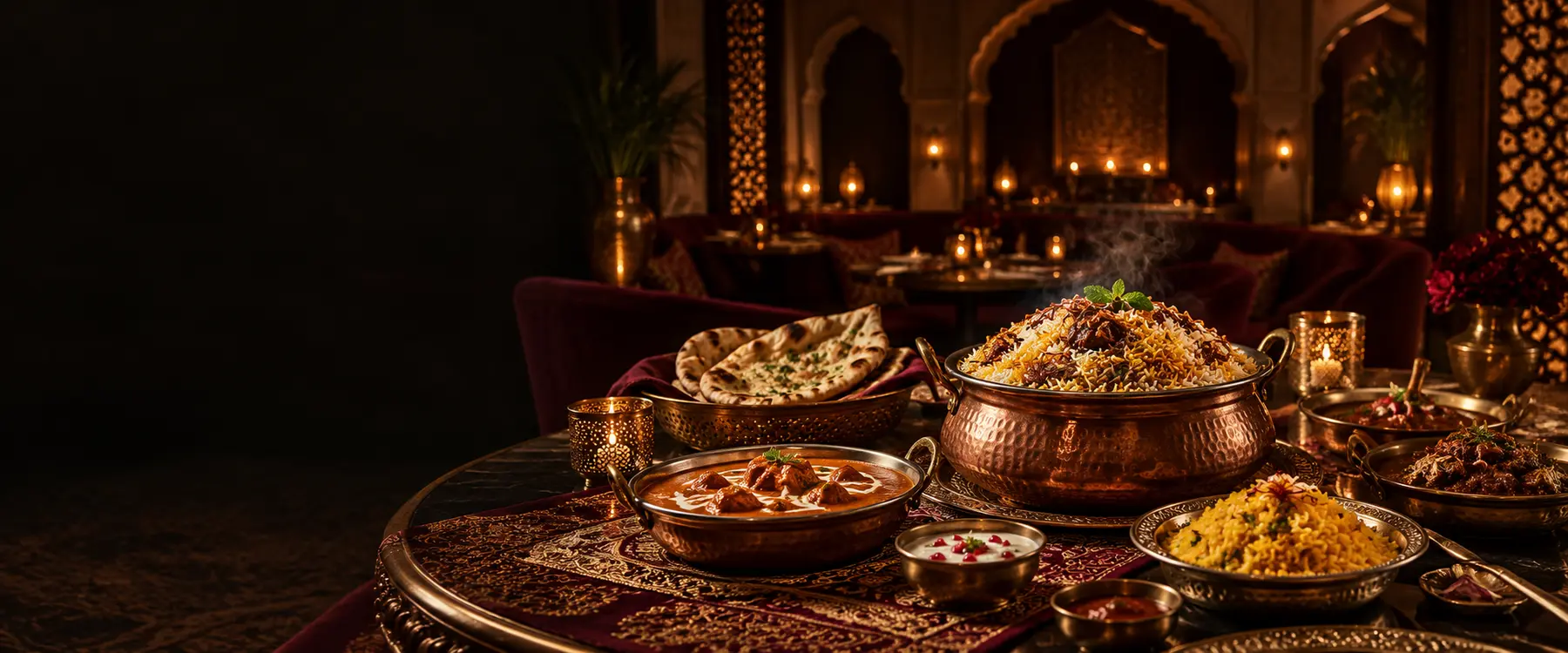 A warmly lit Indian restaurant with traditional food